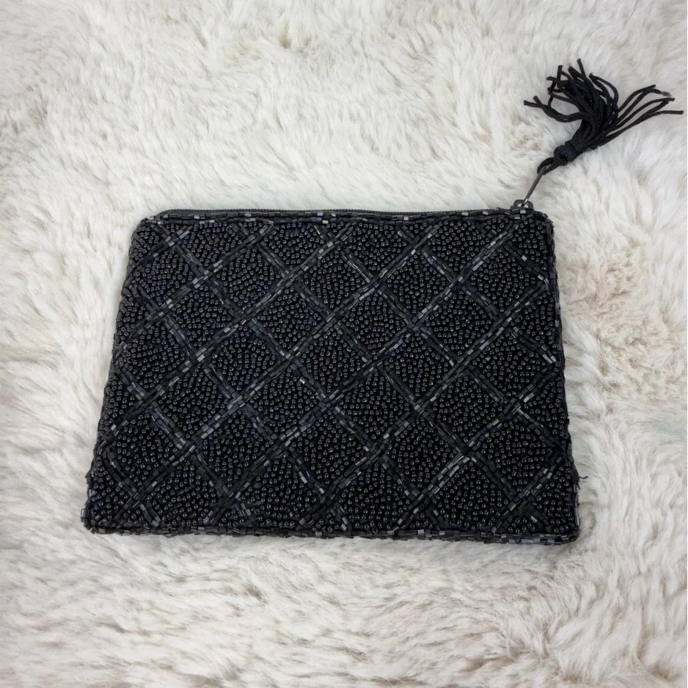 Vintage Small Black Beaded‎ Coin Purse Clutch